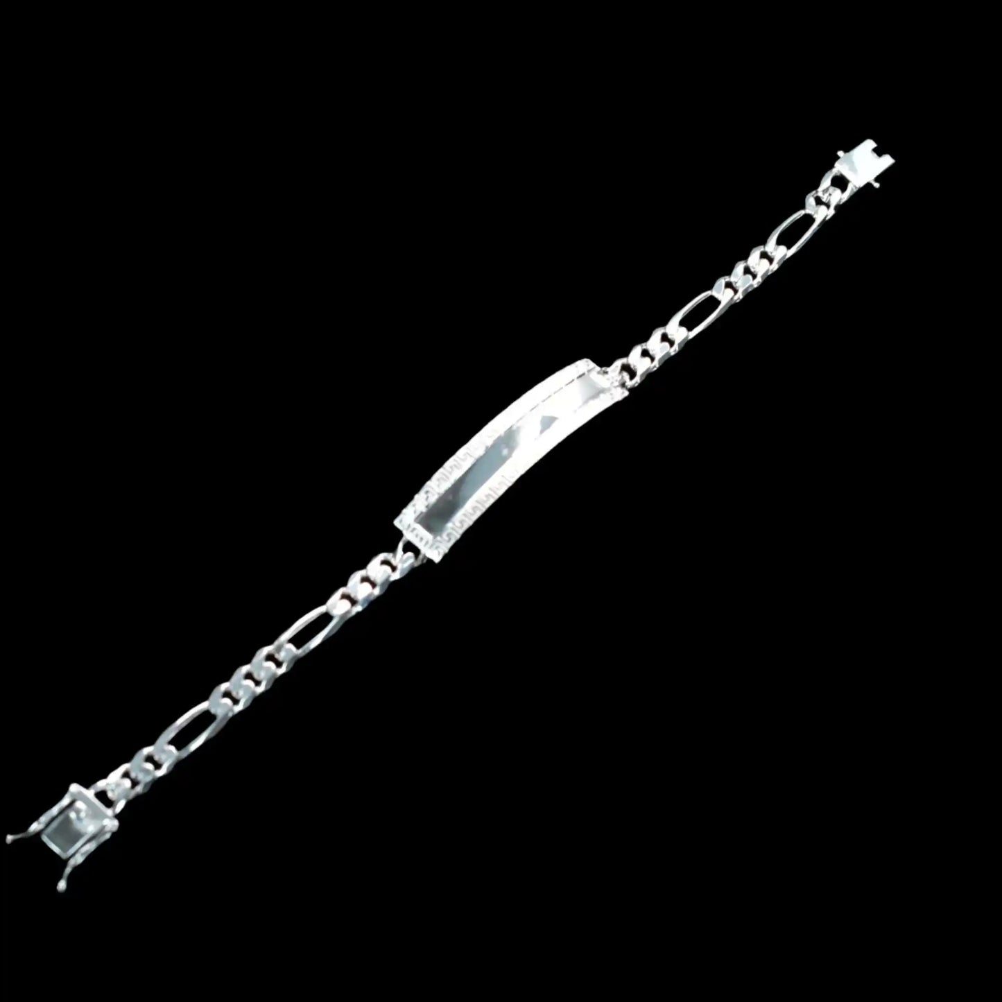 925 Sterling Silver Figaro 6.8mm Greek Key ID Bracelet