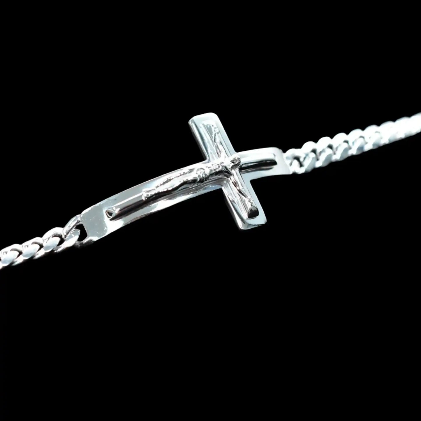 925 Sterling Silver Curb 6.1mm Jesus Christ Cross Bracelet
