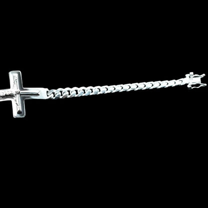 925 Sterling Silver Curb 6.1mm Jesus Christ Cross Bracelet