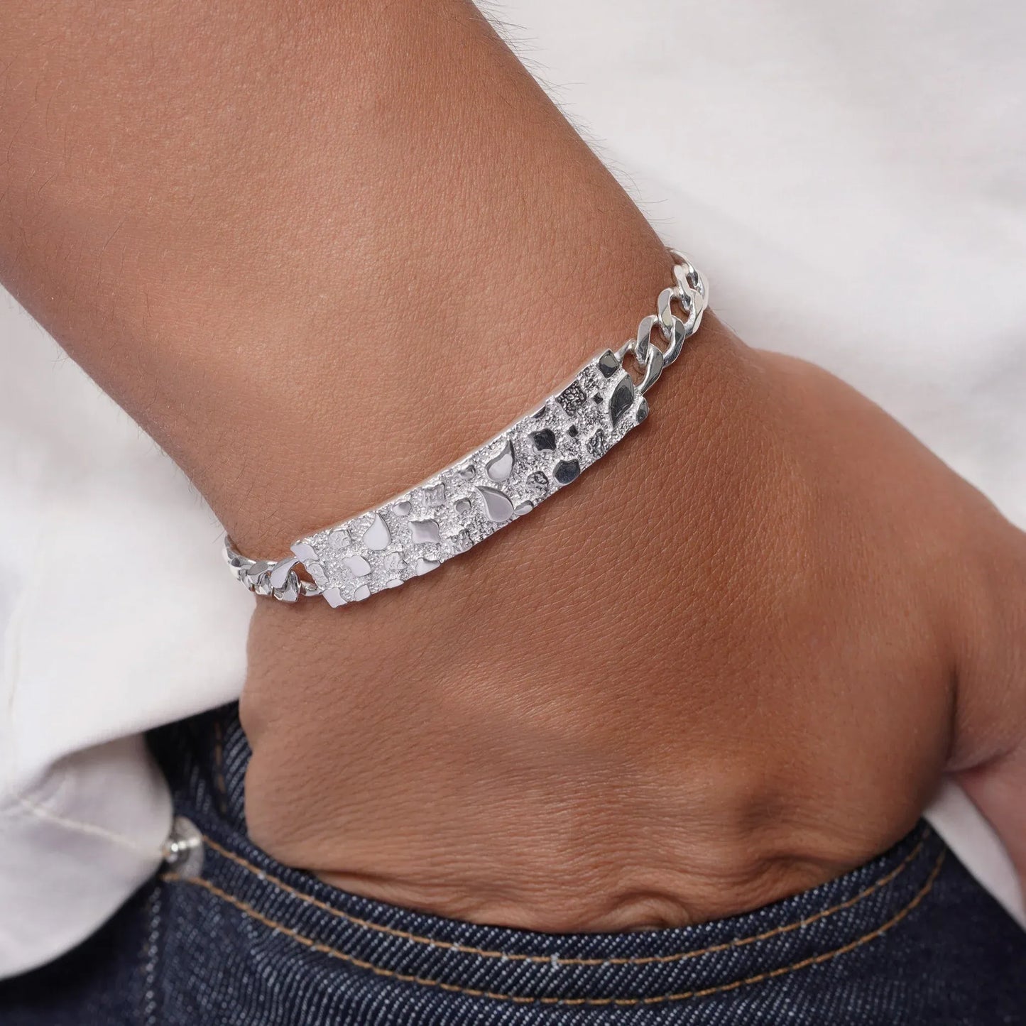 925 Sterling Silver Curb 7.5mm Nugget ID Bracelet
