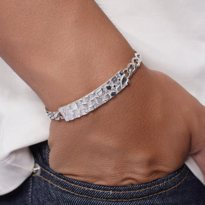 925 Sterling Silver Curb 7.5mm Nugget ID Bracelet