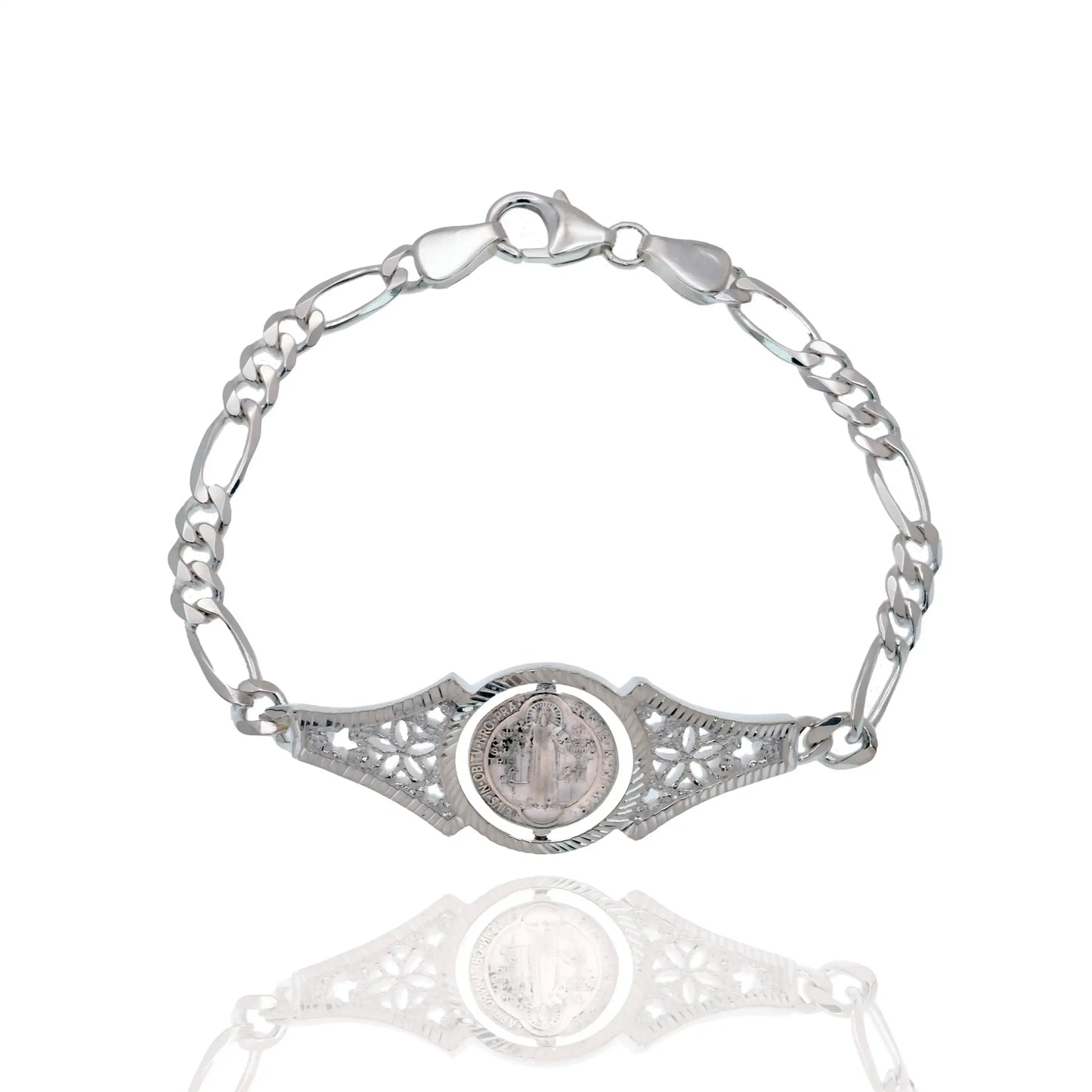 925 Sterling Silver Saint Benedict Rotating Medal Intricately Detailed Figaro Bracelet