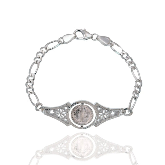 925 Sterling Silver Saint Benedict Rotating Medal Intricately Detailed Figaro Bracelet