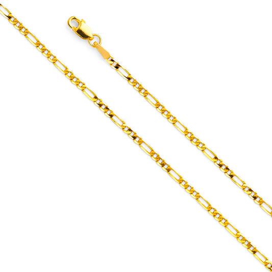 14K Gold 2.2mm 14K Gold Solid Yellow Gold Concave Light Figaro Link Chain Necklaces & Matching Bracelets