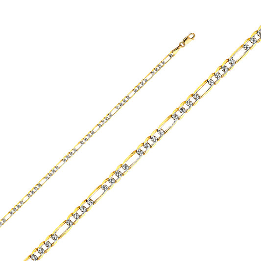 14K Gold 3.0mm 14K Solid Two-Tone Gold White Pave Light Figaro Link Chain Necklaces & Matching Bracelets