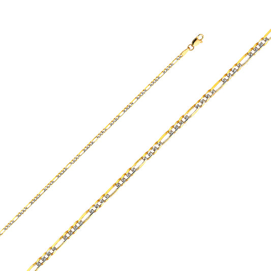14K Gold 2.2mm 14K Solid Two-Tone Gold White Pave Light Figaro Link Chain Necklaces & Matching Bracelets