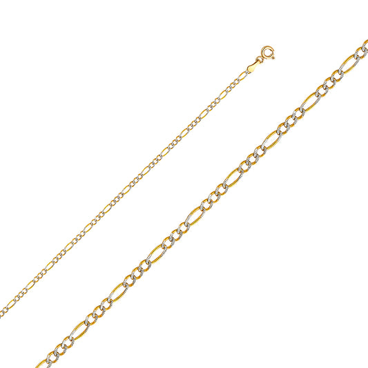 14K Gold 2.0mm 14K Solid Two-Tone Gold White Pave Light Figaro Link Chain Necklaces & Matching Bracelets