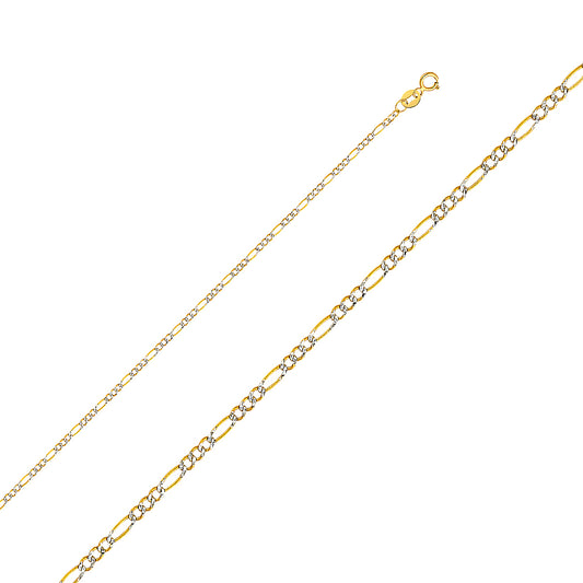 14K Gold 1.8mm 14K Solid Two-Tone Gold White Pave Light Figaro Link Chain Necklaces & Matching Bracelets