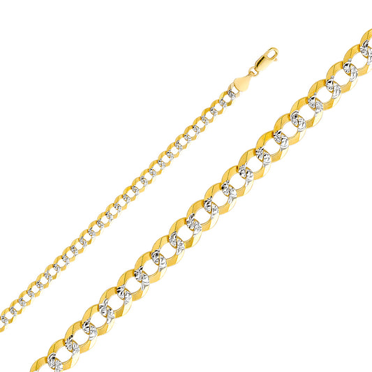 14K Gold 5.7mm 14K Solid Two-Tone Gold White Pave Concave Open Light Cuban / CurbLink Chain Necklaces & Matching Bracelets