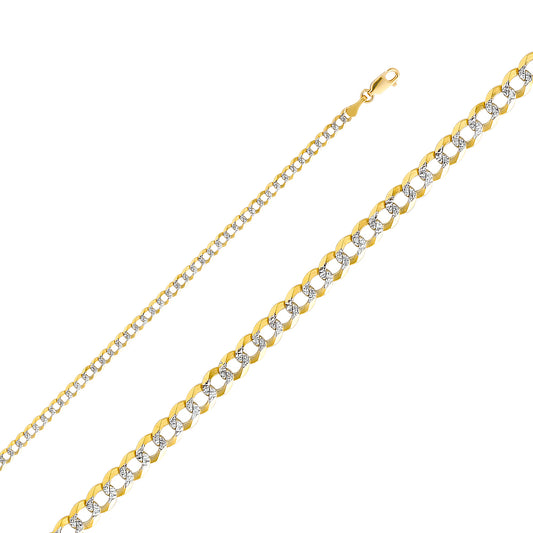 14K Gold 3.5mm 14K Solid Two-Tone Gold White Pave Concave Open Light Cuban / CurbLink Chain Necklaces & Matching Bracelets