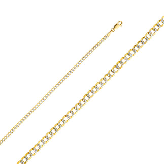 3.0mm 14K Solid Two-Tone Gold White Pave Concave  Cuban / CurbLink Chain Necklaces & Matching Bracelets