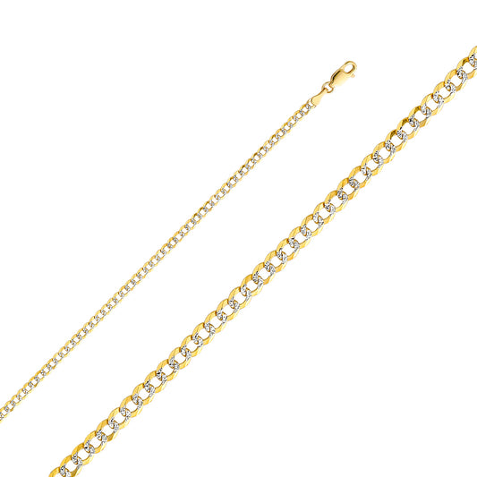 14K Gold 3.0mm 14K Solid Two-Tone Gold White Pave Concave  Cuban / CurbLink Chain Necklaces & Matching Bracelets