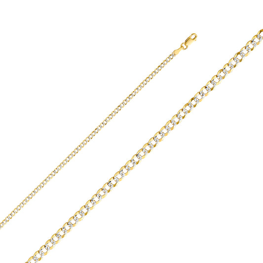 14K Gold 2.5mm 14K Solid Two-Tone Gold White Pave Concave  Cuban / CurbLink Chain Necklaces & Matching Bracelets