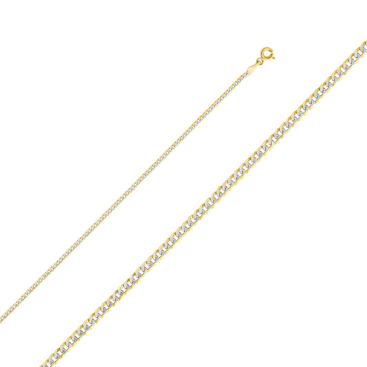 14K Gold 2.0mm 14K Solid Two-Tone Gold White Pave Concave  Cuban / CurbLink Chain Necklaces & Matching Bracelets