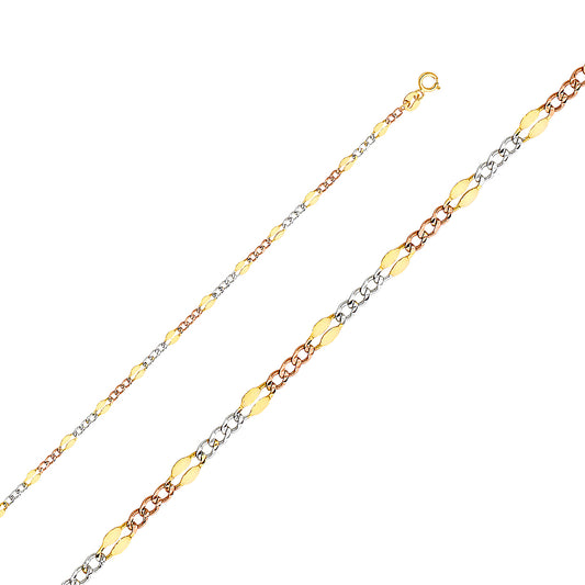 14K Gold 3.2mm 14K Solid Tri-Color Gold Stamped Figaro Chain Necklaces & Matching Bracelets