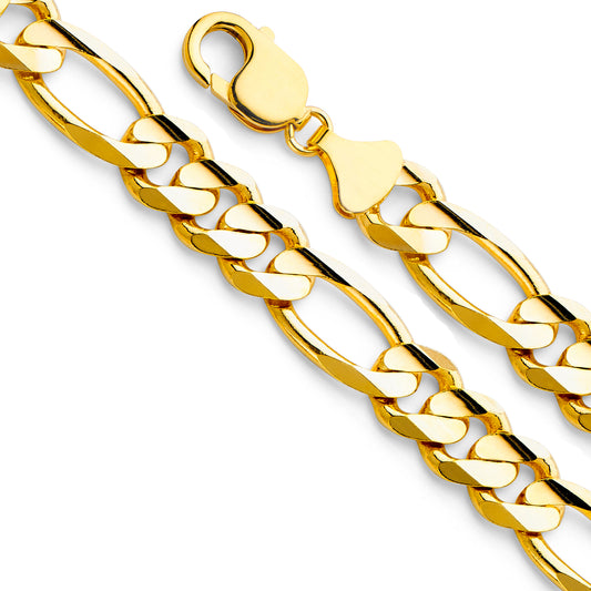 14K Gold 11.5mm 14K Gold Solid Yellow Gold Concave Regular Figaro Link Chain Necklaces & Matching Bracelets
