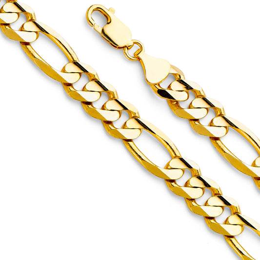 14K Gold 9.5mm 14K Gold Solid Yellow Gold Concave Regular Figaro Link Chain Necklaces & Matching Bracelets