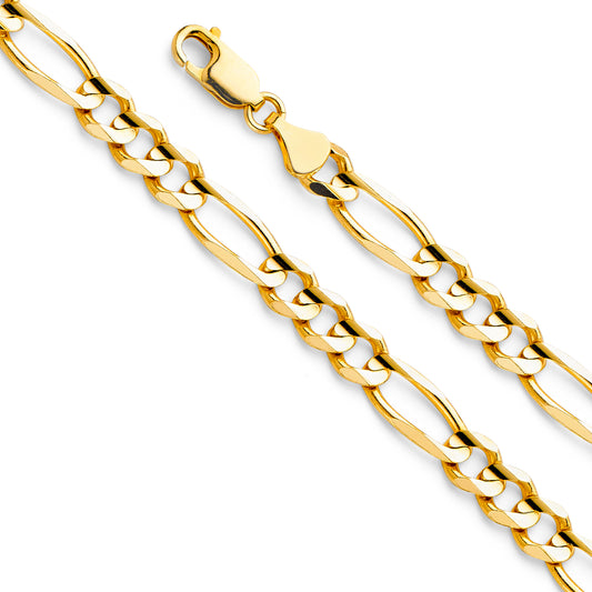 14K Gold 7.0mm 14K Gold Solid Yellow Gold Concave Regular Figaro Link Chain Necklaces & Matching Bracelets