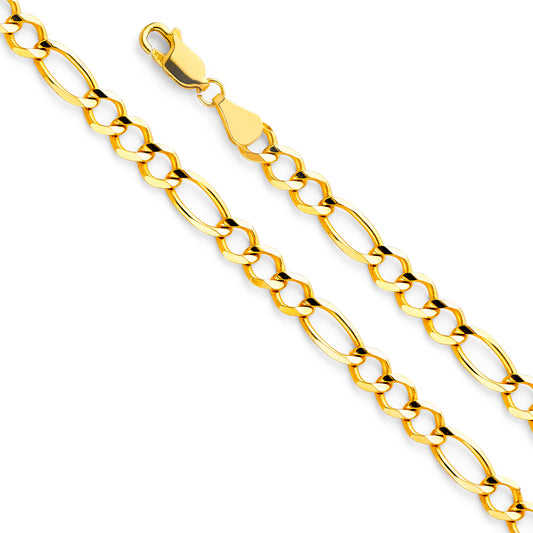 14K Gold 5.5mm 14K Solid Yellow Gold Concave Open Light Figaro Link Chain Necklaces & Matching Bracelets