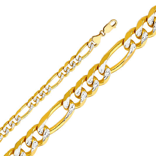 14K Gold 9.5mm 14K Solid Two-Tone Gold White Pave Light Figaro Link Chain Necklaces & Matching Bracelets