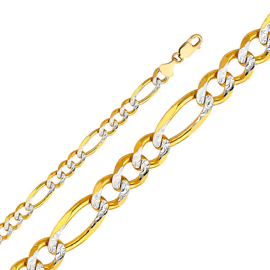 14K Gold 8.5mm 14K Gold 14K Solid Two-Tone Gold White Pave Light Figaro Link Chain Necklaces & Matching Bracelets