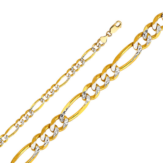 14K Gold 7.0mm 14K Solid Two-Tone Gold White Pave Light Figaro Link Chain Necklaces & Matching Bracelets