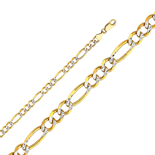 14K Gold 6.0mm 14K Solid Two-Tone Gold White Pave Light Figaro Link Chain Necklaces & Matching Bracelets