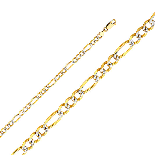 14K Gold 4.7mm 14K Solid Two-Tone Gold White Pave Light Figaro Link Chain Necklaces & Matching Bracelets