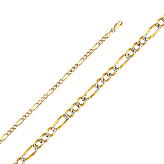 14K Gold 4.0mm 14K Solid Two-Tone Gold White Pave Light Figaro Link Chain Necklaces & Matching Bracelets