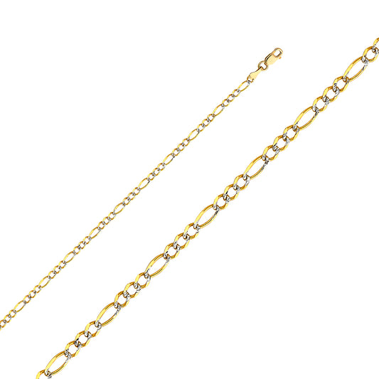 14K Gold 2.7mm 14K Solid Two-Tone Gold White Pave Light Figaro Link Chain Necklaces & Matching Bracelets