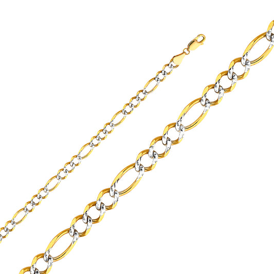 5.5mm 14K Gold 14K Solid Two-Tone Gold White Pave Light Figaro Link Chain Necklaces & Matching Bracelets