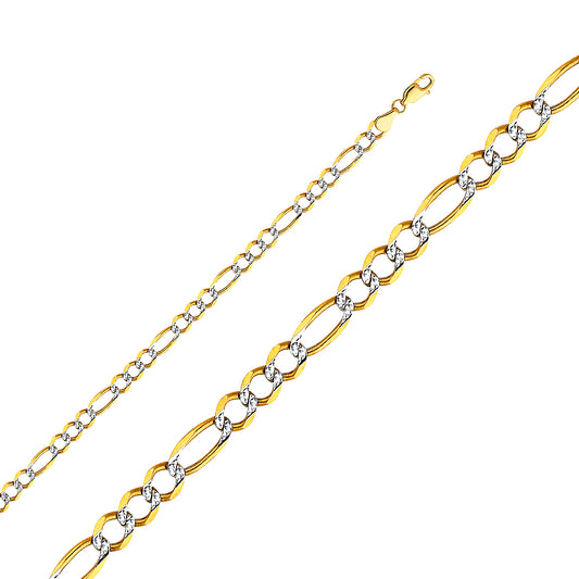 14K Gold 4.5mm 14K Solid Two-Tone Gold White Pave Light Figaro Link Chain Necklaces & Matching Bracelets