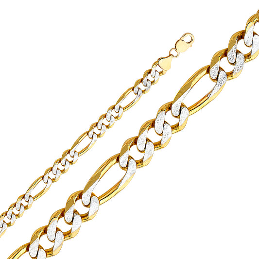 14K Gold 11.3mm 14K Solid Two-Tone Gold White Pave Light Figaro Link Chain Necklaces & Matching Bracelets