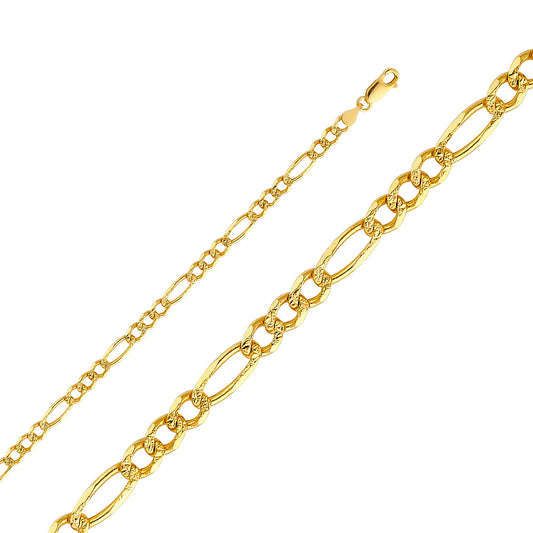 14K Gold 4.7mm 14K Solid Figaro Yellow Pave Chain Necklaces & Matching Bracelets