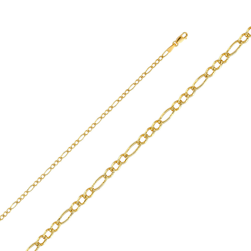 14K Gold 2.5mm 14K Solid Figaro Yellow Pave Chain Necklaces & Matching Bracelets