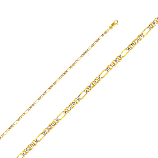 14K Gold 2.5mm 14K Solid Two-Tone White Pave Link Chain Necklaces & Matching Bracelets