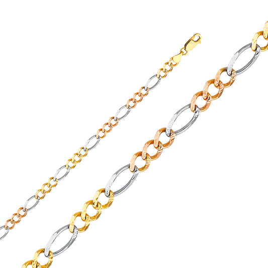 14K Gold 5.3mm 14K Solid Tri-Color Gold Concave Figaro Chain Necklaces & Matching Bracelets