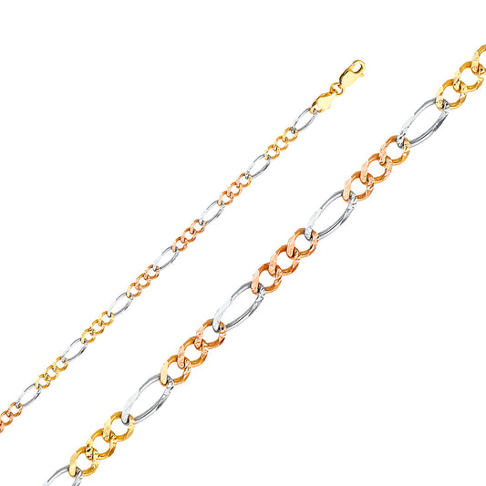 14K Gold 4.5mm 14K Solid Tri-Color Gold Concave Figaro Chain Necklaces & Matching Bracelets