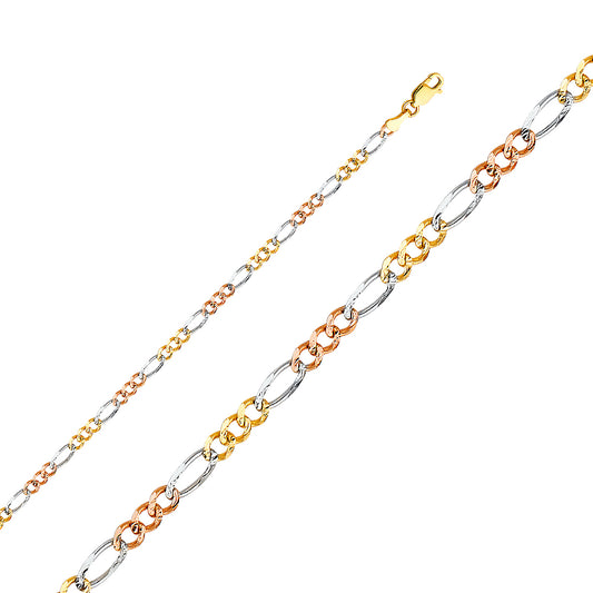 14K Gold 3.7mm 14K Solid Tri-Color Gold Concave Figaro Chain Necklaces & Matching Bracelets