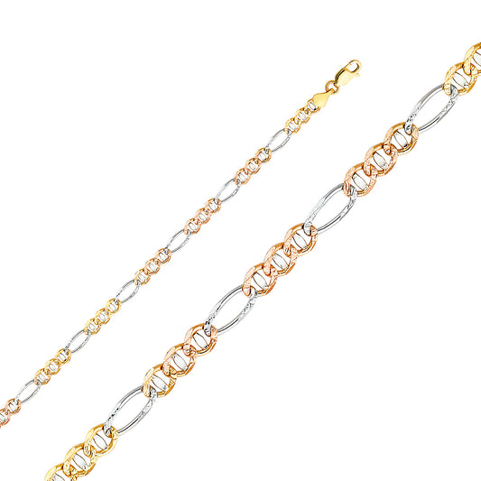 14K Gold 4.0mm 14K Solid Tri-Color Gold Figarucci DC Chain Necklaces & Matching Bracelets