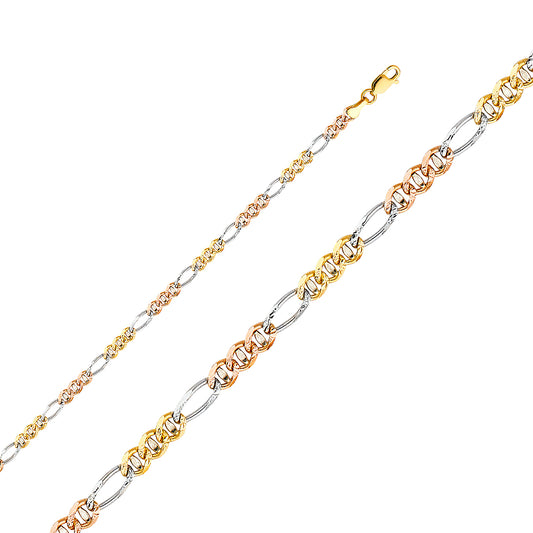 14K Gold 3.0mm 14K Solid Tri-Color Gold Figarucci DC Chain Necklaces & Matching Bracelets