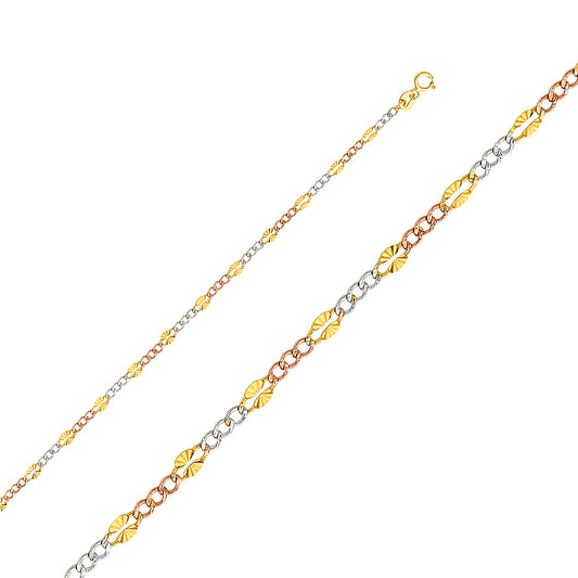 14K Gold 3.2mm 14K Solid Tri-Color Gold Stamped Star DC Figaro Chain Necklaces & Matching Bracelets