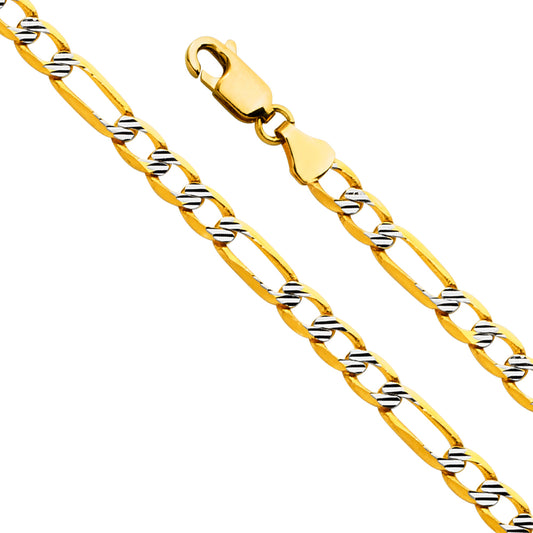 14K Gold 4.7mm 14K Solid Two-Tone Fancy Diamond Cut Figaro Link Chain Necklaces & Matching Bracelets