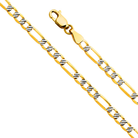 14K Gold 3.8mm 14K Solid Two-Tone Fancy Diamond Cut Figaro Link Chain Necklaces & Matching Bracelets