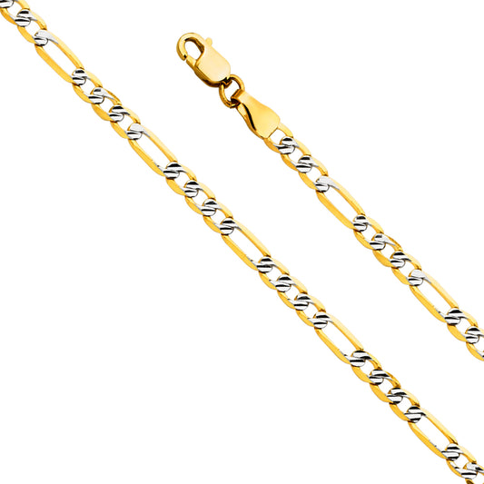 14K Gold 3.1mm 14K Solid Two-Tone Fancy Diamond Cut Figaro Link Chain Necklaces & Matching Bracelets