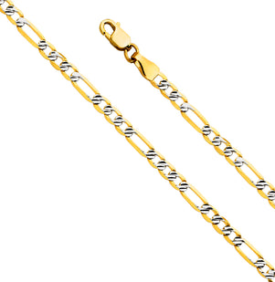 14K Gold 3.1mm 14K Solid Two-Tone Fancy Diamond Cut Figaro Link Chain Necklaces & Matching Bracelets