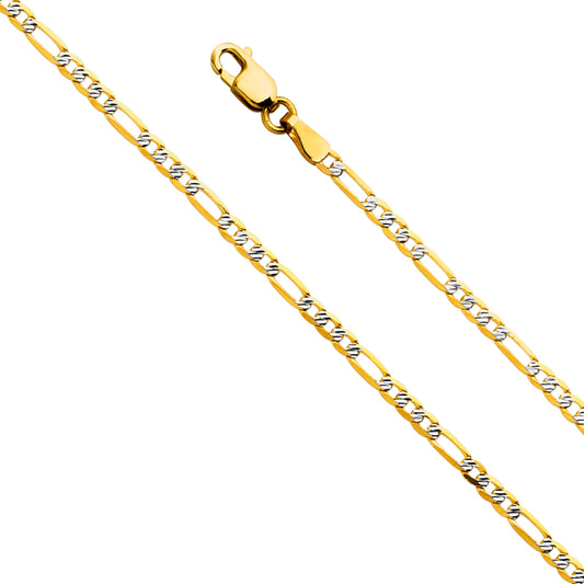 14K Gold 2.3mm 14K Solid Two-Tone Fancy Diamond Cut Figaro Link Chain Necklaces & Matching Bracelets