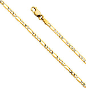14K Gold 2.3mm 14K Solid Two-Tone Fancy Diamond Cut Figaro Link Chain Necklaces & Matching Bracelets