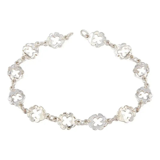 925 Sterling Silver High Polished Open Clover Leaves Charm Link Bracelet
