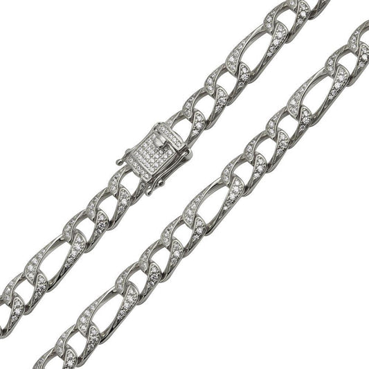 925 Sterling Silver Rhodium Plated CZ Encrusted Figaro Chains 8.2mm